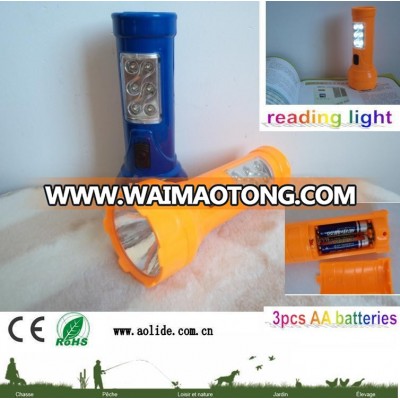 1 W LED plastic flashlight 3 AA batteries torch with 6 LED on side can be reading lamp