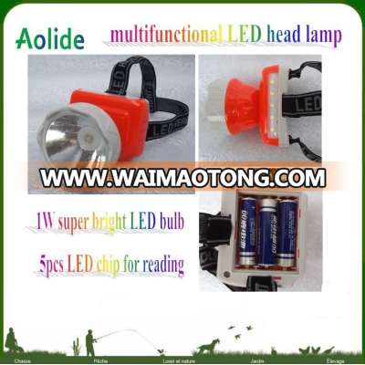 multifunction LED plastics head lamp with reading light AA battery head lamp light