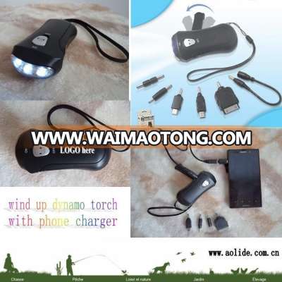 3 LED hand crank dynamo flashlight with phone charger wind up torch can charge to phone